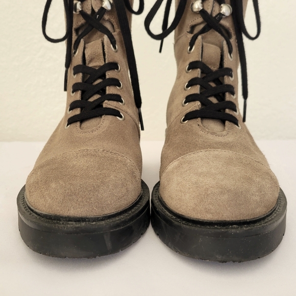 All Saints Lace Up Side Zipper Tan Taupe Suede Lug Combat Boots - Picture 2 of 13